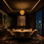 Load image into Gallery viewer, Amber glass pendant above an evening dining table