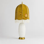 Load image into Gallery viewer, Full view of vintage chinoiserie ceramic table lamp with beaded fringe shade