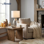 Bild in Gallery-Viewer laden, Sustaina Gebogene Tischlampe aus recyceltem Glas mit Stoffschirm – Nachhaltige moderne Akzentbeleuchtung für Wohnzimmer