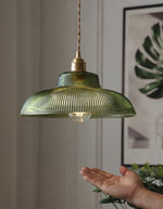 Load image into Gallery viewer, Ribbed Glass Pendant Light – Contemporary Glass Pendant Lights in Vintage Green Hue