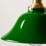 Cargar imagen en el visor de la Galería, Green glass pendant lamp brass fitter and curved shade detail