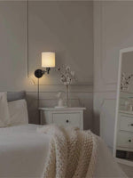 Load image into Gallery viewer, Swing Arm Fabric Sconce Light – Adjustable Wall Lamp with Drum Shade