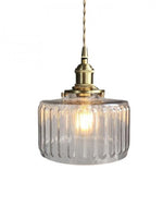Load image into Gallery viewer, Japanese Vintage Simple Brass Glass Ribbed Cylinder Pendant Light