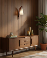 Cargar imagen en el visor de la Galería, Curved walnut and frosted glass plug-in wall lamp in a bedroom
