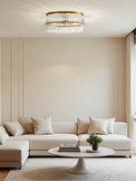 Load image into Gallery viewer, Lumora Crystal Flush Mount Light – Cut Glass Ceiling In Aged Brass