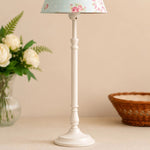 Load image into Gallery viewer, White metal lamp stem and fabric shade detail