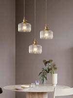 Load image into Gallery viewer, Japanese Vintage Simple Brass Glass Ribbed Cylinder Pendant Light
