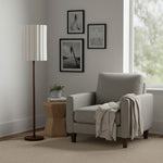 Cargar imagen en el visor de la Galería, Lámpara de pie Linbron con pantalla de tela neutra y acabado en veta de madera – Lámpara de pie moderna minimalista para sala de estar y estudio