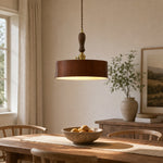Cargar imagen en el visor de la Galería, Vintage brown leather pendant installed above a wood dining table