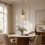 Cargar imagen en el visor de la Galería, Antique brass multicolor crystal pendant light in a bright dining room
