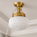 Bild in Gallery-Viewer laden, Cream White embossed glass ceiling light against decorative molding