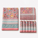 Cargar imagen en el visor de la Galería, Folded pink garden border floral cotton linen tablecloth set