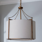 Load image into Gallery viewer, Antique Brass Carousel Chandelier with White Linen Drum Shade for Dining Room