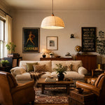Load image into Gallery viewer, Hemp dome pendant light over a vintage living room seating area