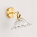 Bild in Gallery-Viewer laden, High clear shallow glass wall light with brass arm, IZ shade 6 cm high and 18 cm diameter