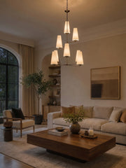 Rowan Tiered vertical Multi-Head Chandelier - Modern Metal and Fabric for Living Rooms and Foyer