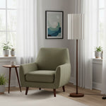 Cargar imagen en el visor de la Galería, Lámpara de pie Linbron con pantalla de tela neutra y acabado en veta de madera – Lámpara de pie moderna minimalista para sala de estar y estudio