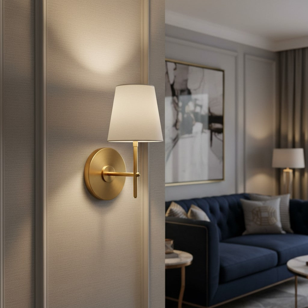 Ornato Luxe Metal Frame Wall Lamp with Fabric Shade – Minimalist Mid Century Modern Wall Sconce for Entryway or Hallway