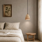 Cargar imagen en el visor de la Galería, Wabi-sabi woven stone pendant light installed beside a bed