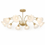 Cargar imagen en el visor de la Galería, Gold-finished iron ten-arm floral glass chandelier on a white background