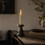Load image into Gallery viewer, Solid wood candle holder with a taper candle in a dining setting; candle not included