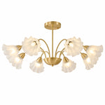 Cargar imagen en el visor de la Galería, Solid brass eight-arm floral glass chandelier on a white background