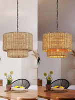 Load image into Gallery viewer, Drum Pendant Light – Natural Rattan Double Shade for Bedroom Lighting