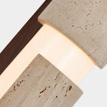 Cargar imagen en el visor de la Galería, Walnut wood mounting detail with glowing acrylic diffuser and travertine shade