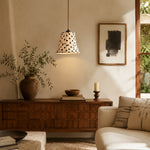 Bild in Gallery-Viewer laden, Black and White Polka Dot Wood and Fabric Pendant Lamp