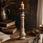 Load image into Gallery viewer, Short turned wood candlestick styled with a candle