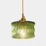 Charger l'image dans la visionneuse de galerie, Olive green ripple glass ceiling pendant with warm bulb