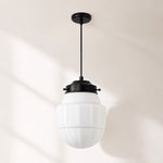 Bild in Gallery-Viewer laden, Vintage-Pendelleuchte mit geometrischem Wolkenkratzer-Schirm aus Milchglas im Art-déco-Stil