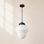 Bild in Gallery-Viewer laden, Vintage-Pendelleuchte mit geometrischem Wolkenkratzer-Schirm aus Milchglas im Art-déco-Stil