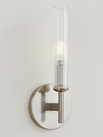 Load image into Gallery viewer, Ribbed Glass Sconce – Tube Sconce for Bath Mirror Lighting in Brass