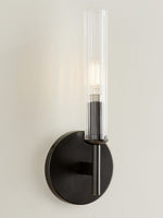 Load image into Gallery viewer, Ribbed Glass Sconce – Tube Sconce for Bath Mirror Lighting in Brass