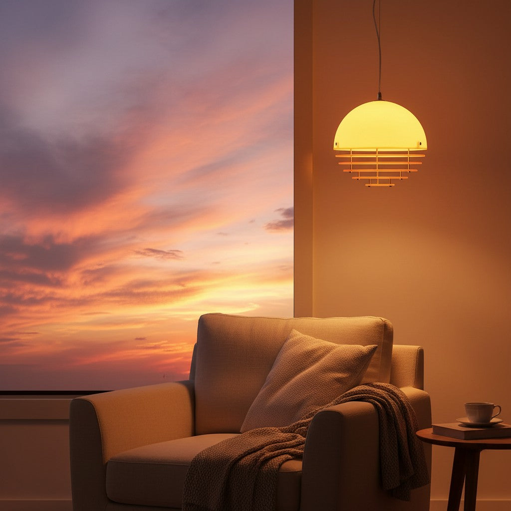 The genuine sunset outside the window harmonises with the warm indoor lighting, creating a soothing pre-sleep environment that promotes melatonin secretion.
