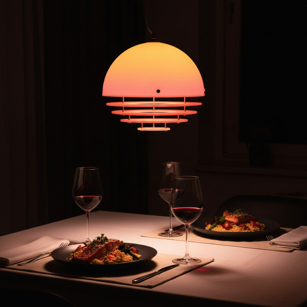 A table laden with delicacies appears all the more inviting beneath the warm, gradient glow of a Sunset Pendant Light, creating an intimate atmosphere.