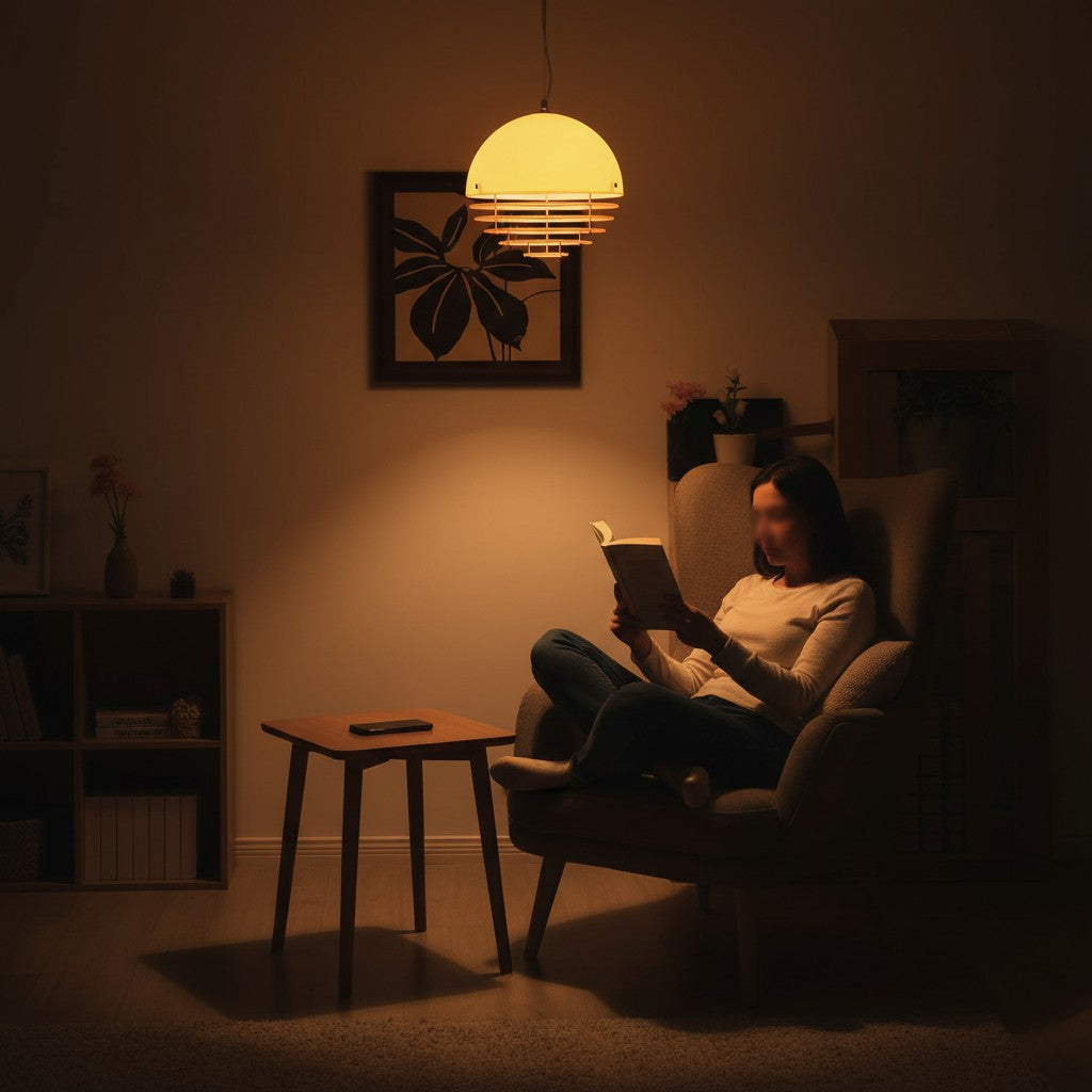  A person immersed in focused reading beneath the warm, intimate glow of the Sunset Pendant Light, mobile phone set aside, embodies a moment of pure relaxation free from technological intrusion.