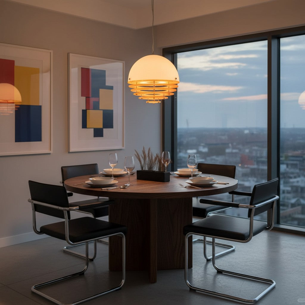 A Bauhaus sunset pendant light hanging at the correct height of 30 inches above a dining room table.