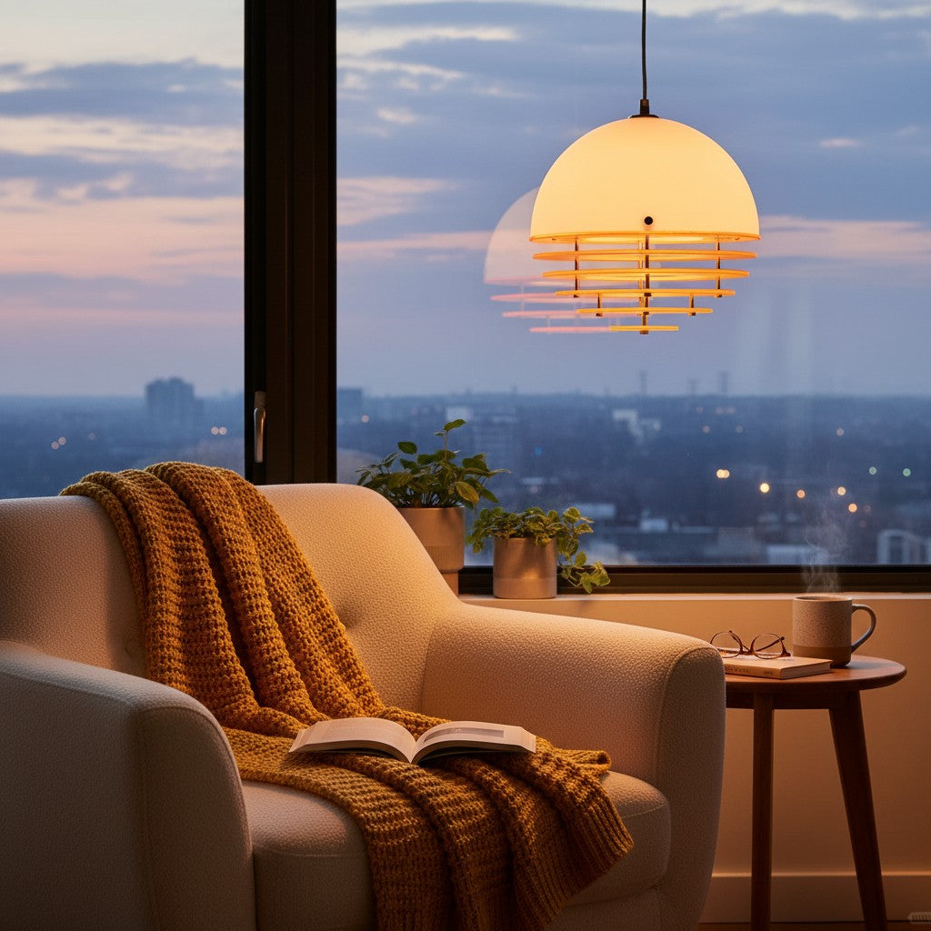 Dimmable sunset pendant light providing soft, glare-free ambient lighting in a cozy living room corner.