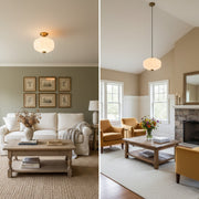 Comparison of a living room with a semi-flush mount light versus a pendant light.