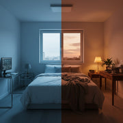 Split image comparing a room with harsh blue 6000K light versus a cozy warm 2700K light for sleep hygiene.
