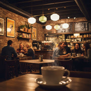 Cozy cafe interior with warm vintage lighting and customers enjoying coffee.