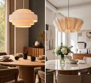 Drum and pleated fabric pendant silhouettes compared in dining rooms