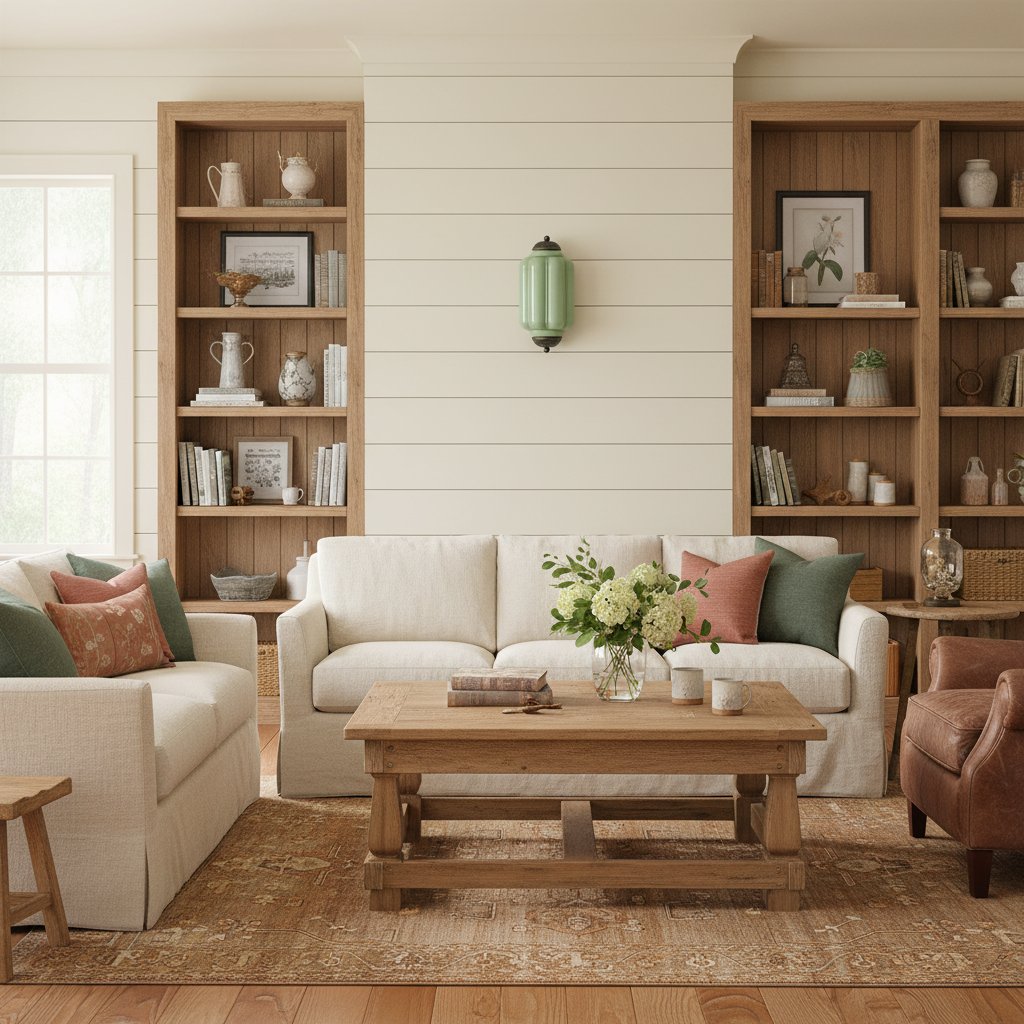 Light green glass wall lamps adorn the white walls, flanked by wooden bookshelves, with a sofa and coffee table positioned in front.