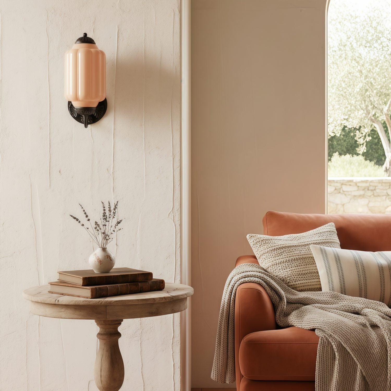 Pale pink wall lamp White walls Wooden table Books Vase Orange sofa