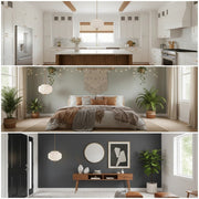 A collage showing the versatile Eloise pendant light in a farmhouse kitchen, bohemian bedroom, and mid-century modern entryway.