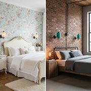 A split-screen comparison showing the Eloise sconce in a French vintage room versus an industrial loft.