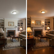 Comparison showing the difference between harsh overhead lighting and cozy layered lighting with wall sconces.