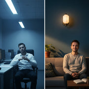 A comparison showing how harsh cold light causes stress versus how warm sconce lighting promotes relaxation.